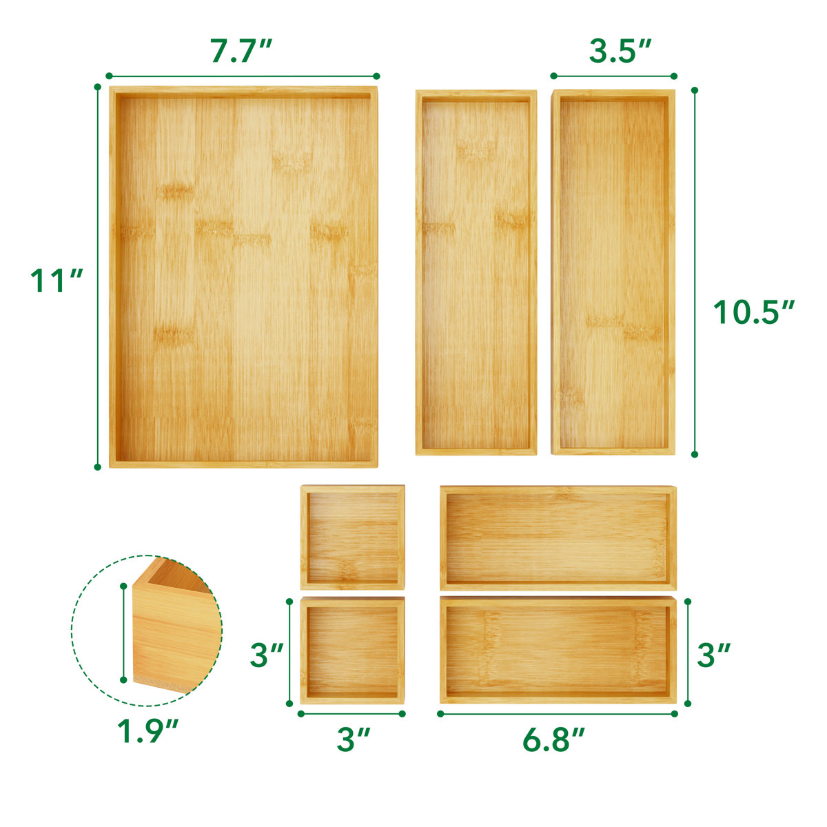 7-Piece Bamboo Drawer Organizer Set, Multi-Use Wood Tray Divider Bins for Kitchen, Bathroom, Office Desk and Makeup Organization